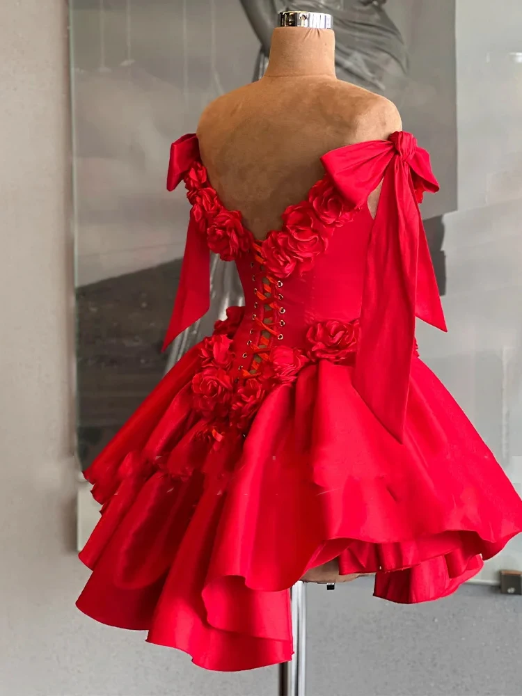 Vestidos de coquetel vermelho para mulheres, mini fora do ombro, vestido de festa com renda, vestido de noite curto, vestido sem costas ruched, flores 3D