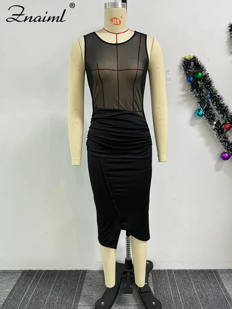 Znaiml-vestido transparente de malla para mujer, prenda Sexy de color negro con cuello redondo, sin mangas, a la moda, para fiesta de cumpleaños, Club nocturno y graduación