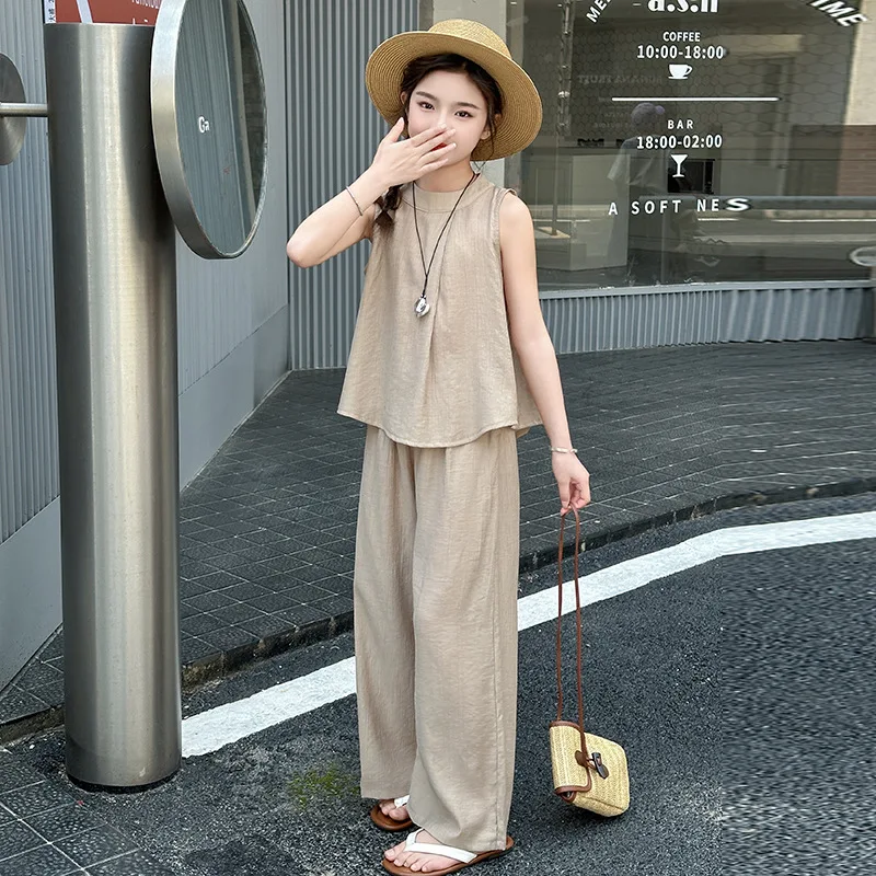 

Girls Suits 2025 Summer Comfortable Sleeveless Outfits Vest + Wide Leg Pants 2Pcs Kids Set Casual Children Clothes Tracksuit