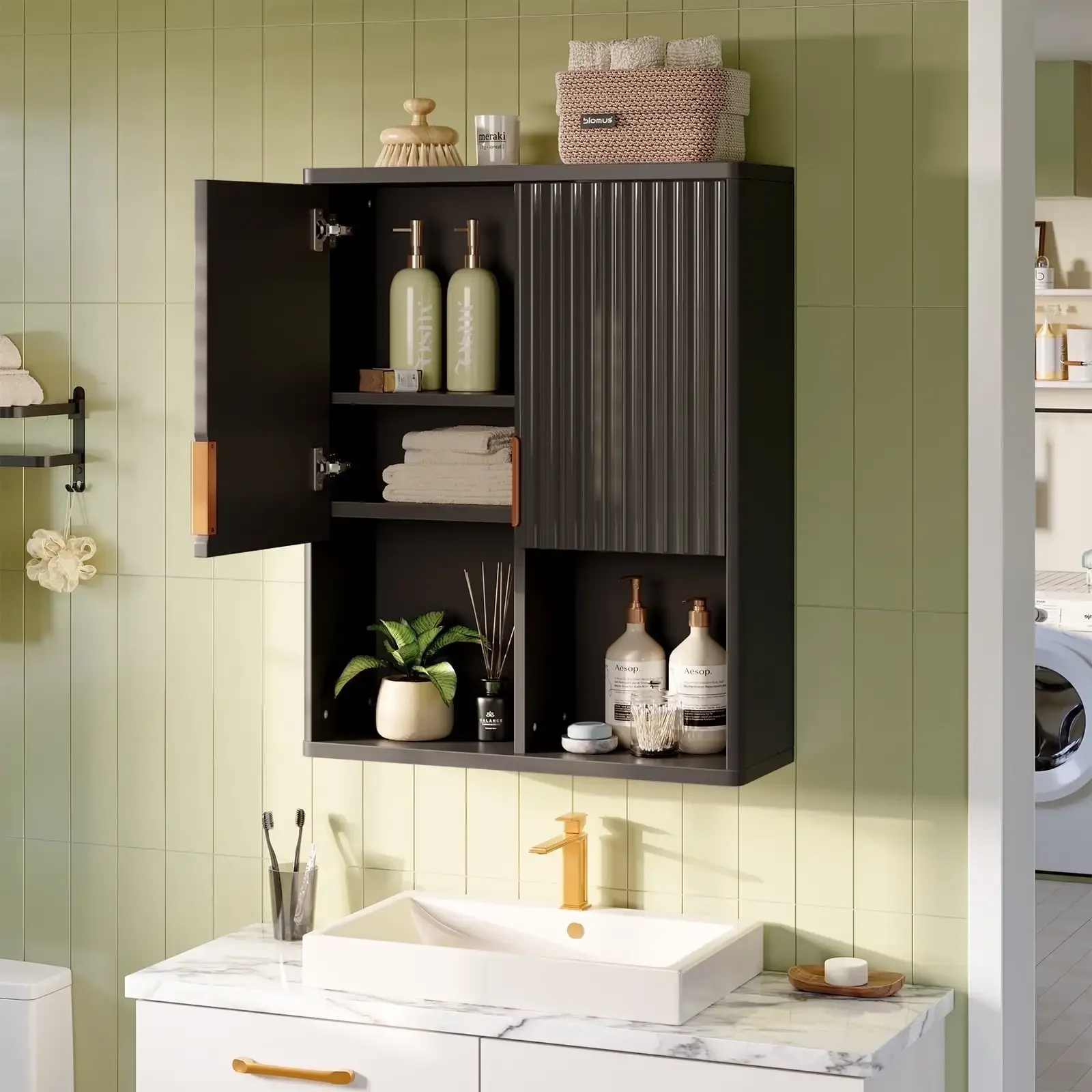 Fluted  Wall-Mounted Medicine Bathroom Cabinet with Door & Shelves, Wooden over Toilet Storage, Black