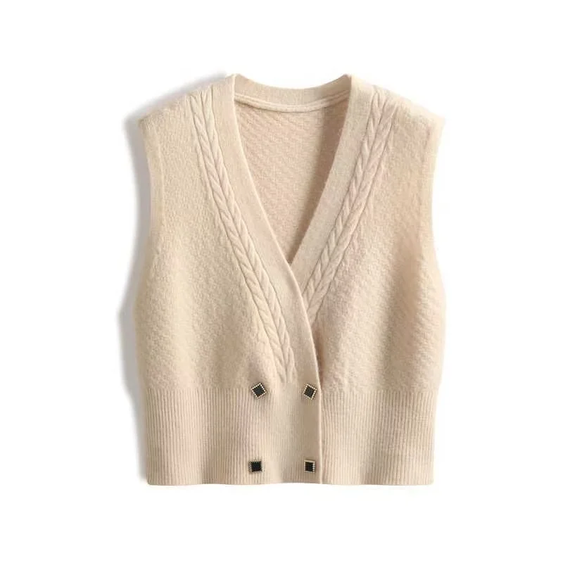

Women V-neck Cropped Knitted Vest All-match Simple Double-breasted Sleeveless Cardigans 2025 Autumn Winter New Sweater Waistcoat
