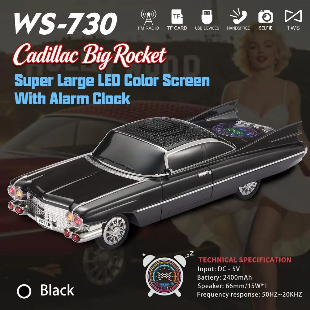 WS-730 Retro Classic Car Bluetooth Speaker Wireless Audio HIFI Boombox with LED Alarm Clock Screen USB/TF Playback, Built-In Mic