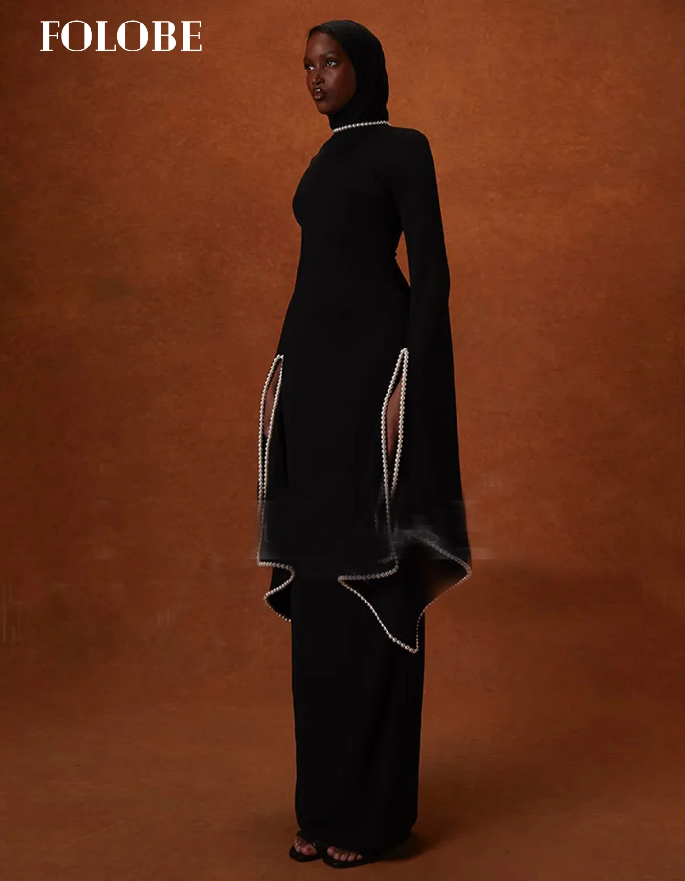 FOLOBE أسلوب بسيط أسود جيرسي مساء اللباس لؤلؤة حورية البحر س الرقبة طويلة الأكمام فساتين لحضور الحفلات الموسيقية الكلاسيكية الرائعة الحديثة حسب الطلب