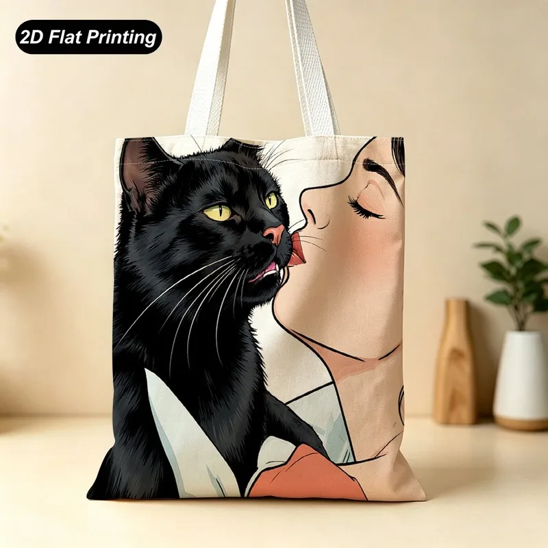 1PC【Tote Bag】2D Flat effect，A modern minimalist illustration featuring a black and a woman with closed eyes kissing，Large-ca