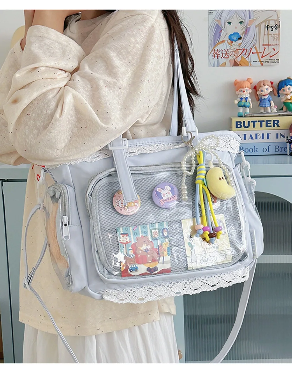 Kawaii Gelbe Spitzen-Ita-Tasche, Große Kapazität, Transparentes Fenster, Anime-Pin-Display, Schultertasche, Lolita Niedliche Handtasche für Comic-Con – Detail 11