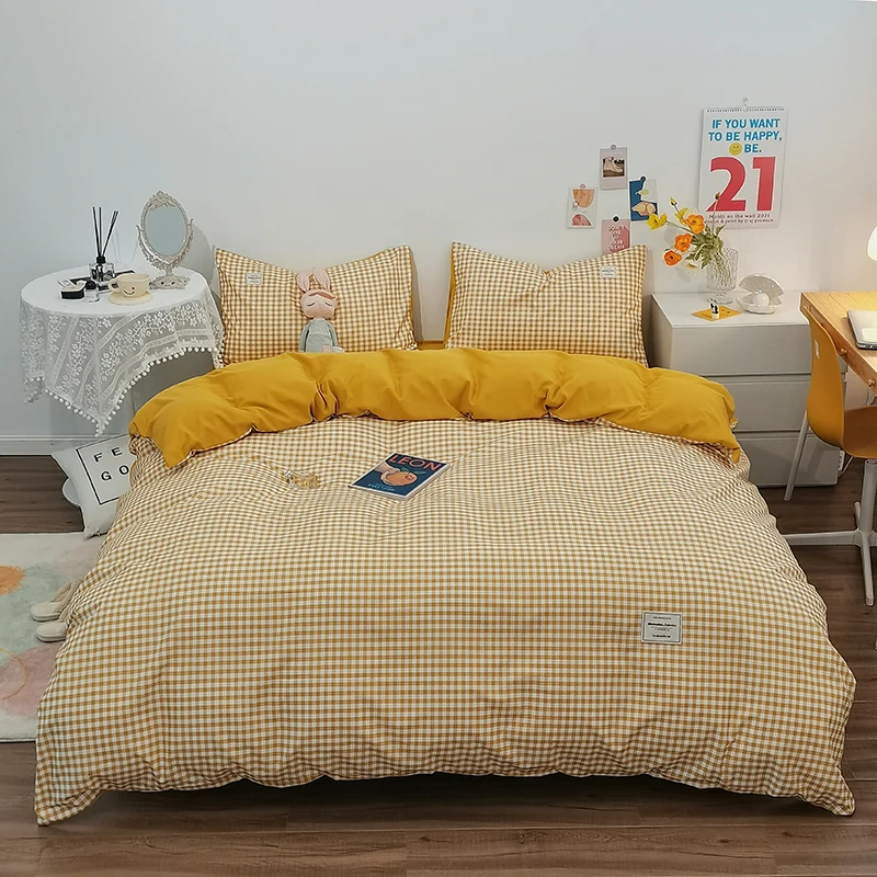 New Arrival Microfiber Bedding Set 3Pcs,Yellow Plaid Duvet Cover 2Pillowcase,Contrasting Color Design,On Hot Sales