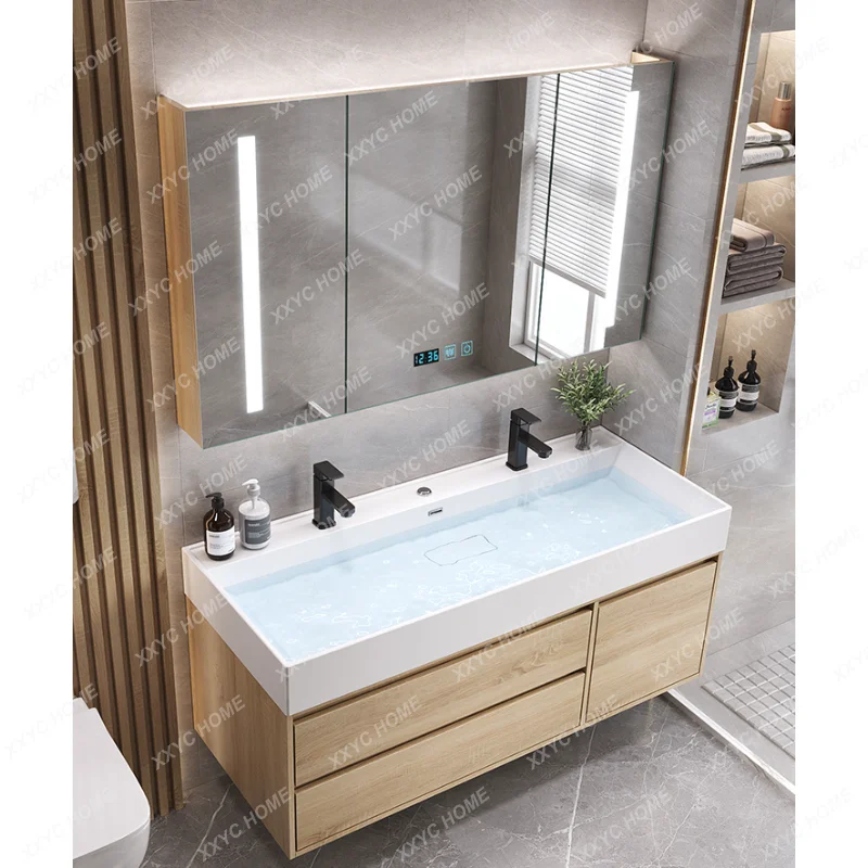 Simple Bathroom Cabinet Combination Rock Whole Washbin Wood Color Solid Wood Hand Washing Wash Basin Bathroom Table