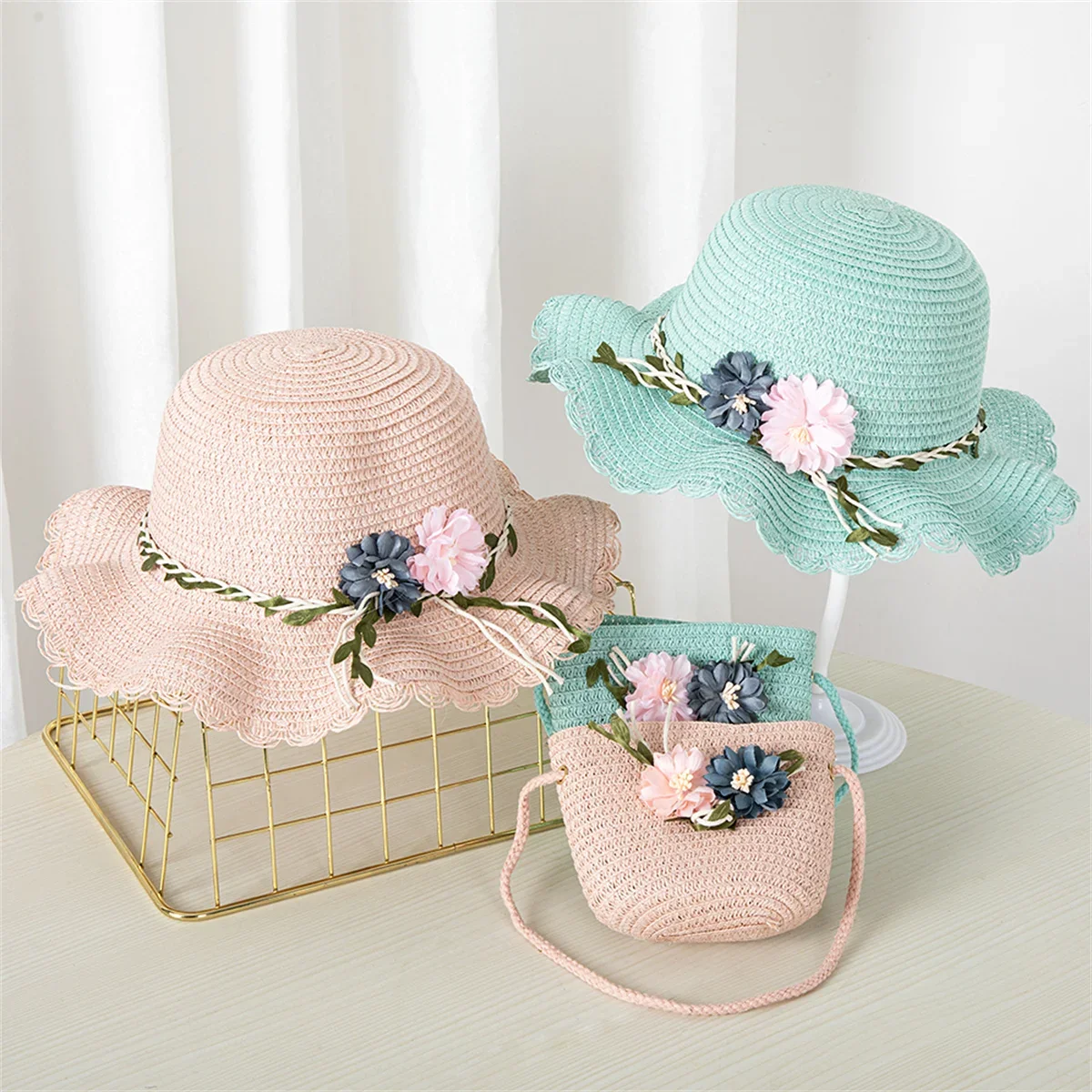 New Summer Kids Flower Caps Bag Girl Sandy Beach Hat Baby Coin Cute Weave Straw Purse Children's Messenger Backpack