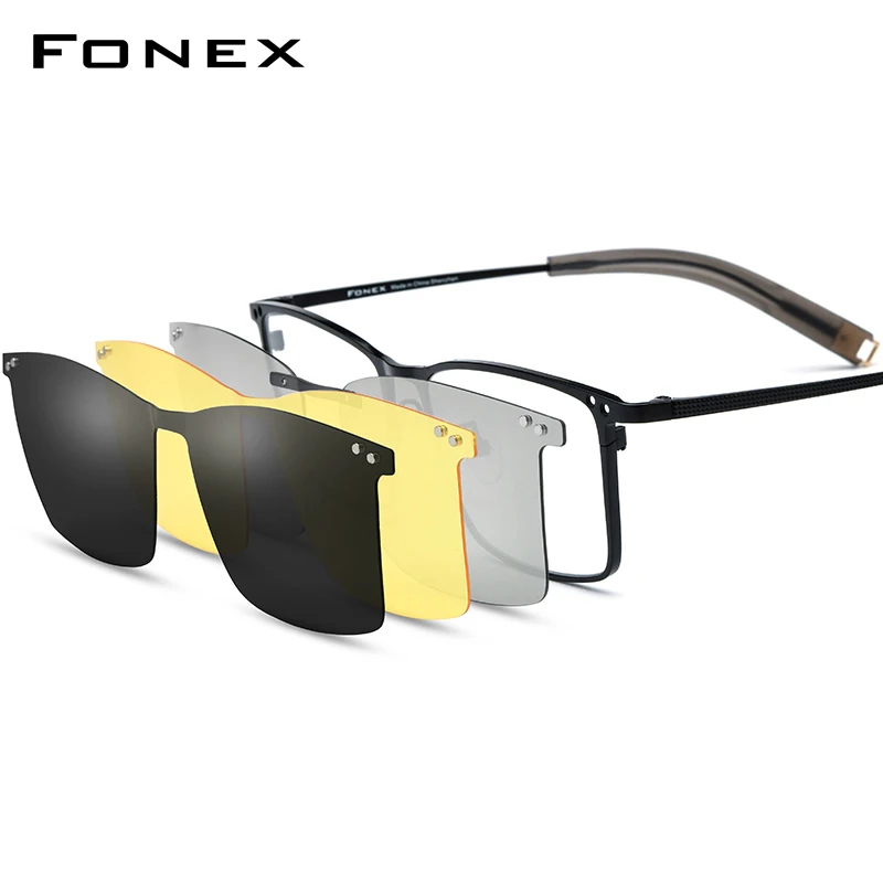 FONEX Titanium Glasses Frame Men 2024 Square Magnet Clip Eyeglasses with 3D & Night Vision & Polarized Lens F85760