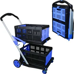 Folding Shopping Cart, Two Tier Collapsible Cart with One Crate, Heavy Duty Utility Cart with Multiple Uses Folding Trolley