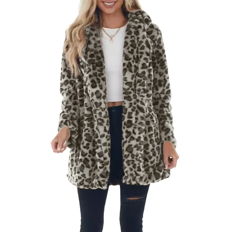 Casaco de pele sintética leopardo feminino grosso quente jaqueta de inverno manga longa casaco turn down collar streetwear moda bolsos outerwea