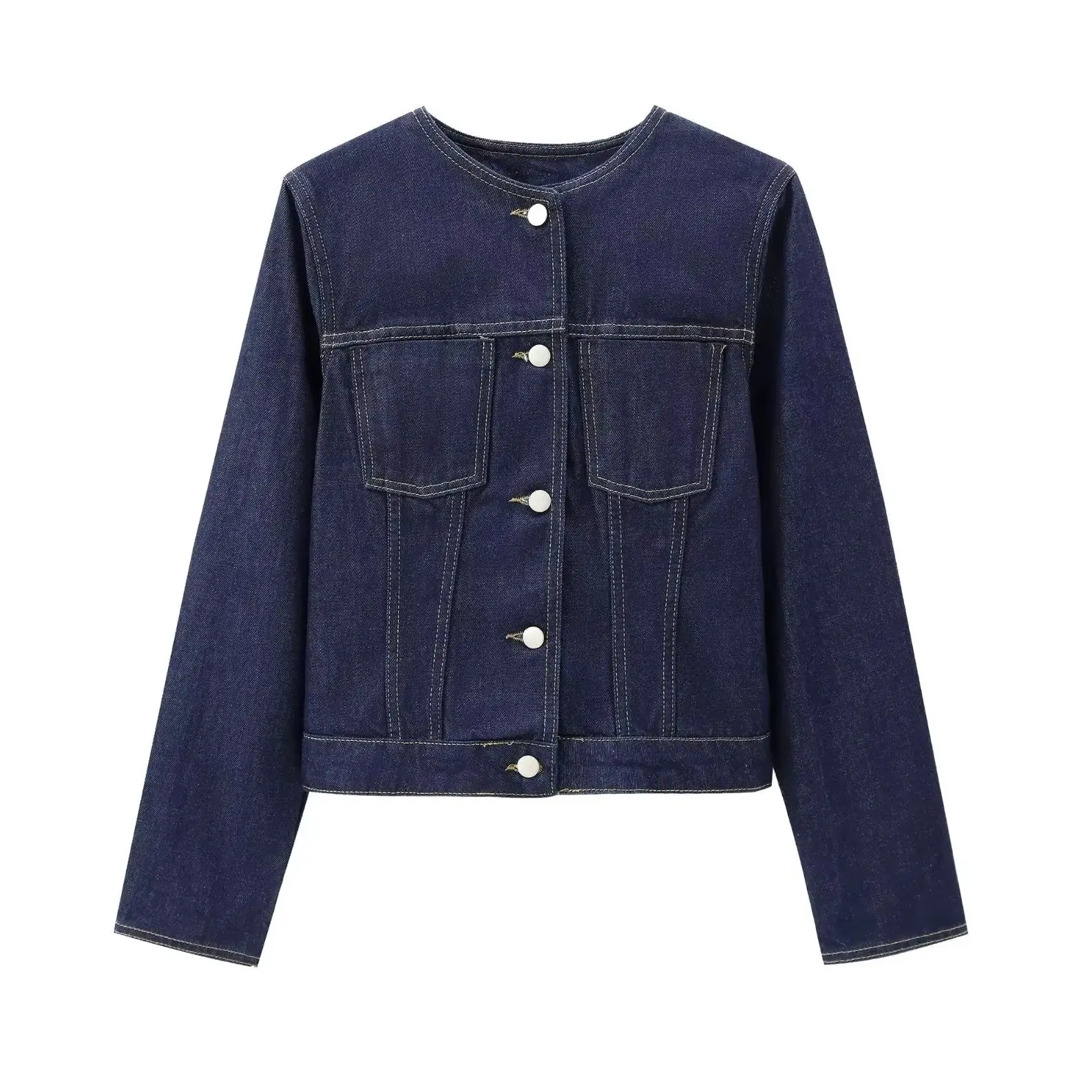 

KONDALA 2024, осенняя женская повседневная джинсовая однотонная куртка, модная уличная одежда с круглым вырезом, однобортная женская винтажная куртка с карманами