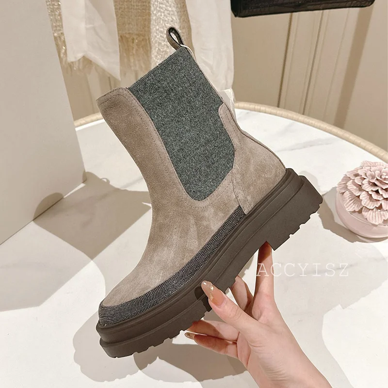 Autumn Winter Real Leather Thick Bottom Ankle Boots Women's String Bead Platform Non-slip Short Boots British Style Riding Botas