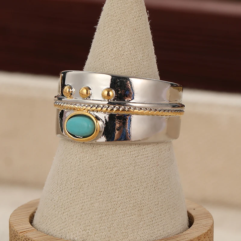 Bohemian Style Two Tone Design Synthetic Turquoise Wide Ring for Women Men Fashion Vintage Festival Vacation Jewelry Accessories