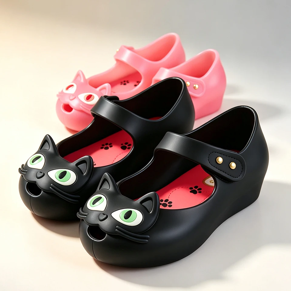 Toddler Girls Cute 3D Cartoon Cat Mary Jane Jelly Shoes Waterproof Lightweight Soft Rubber Closed Toe Daily Casual Flat Sandals