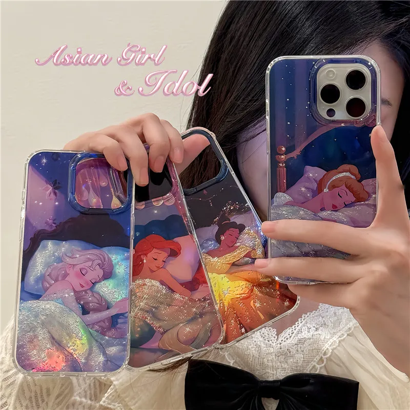 

Luxury Disney sleeping beauty Princess Phone Case for iPhone 13 14 15 16 Pro Max Elsa Mermaid Cinderella Belle Girl Laser Cover