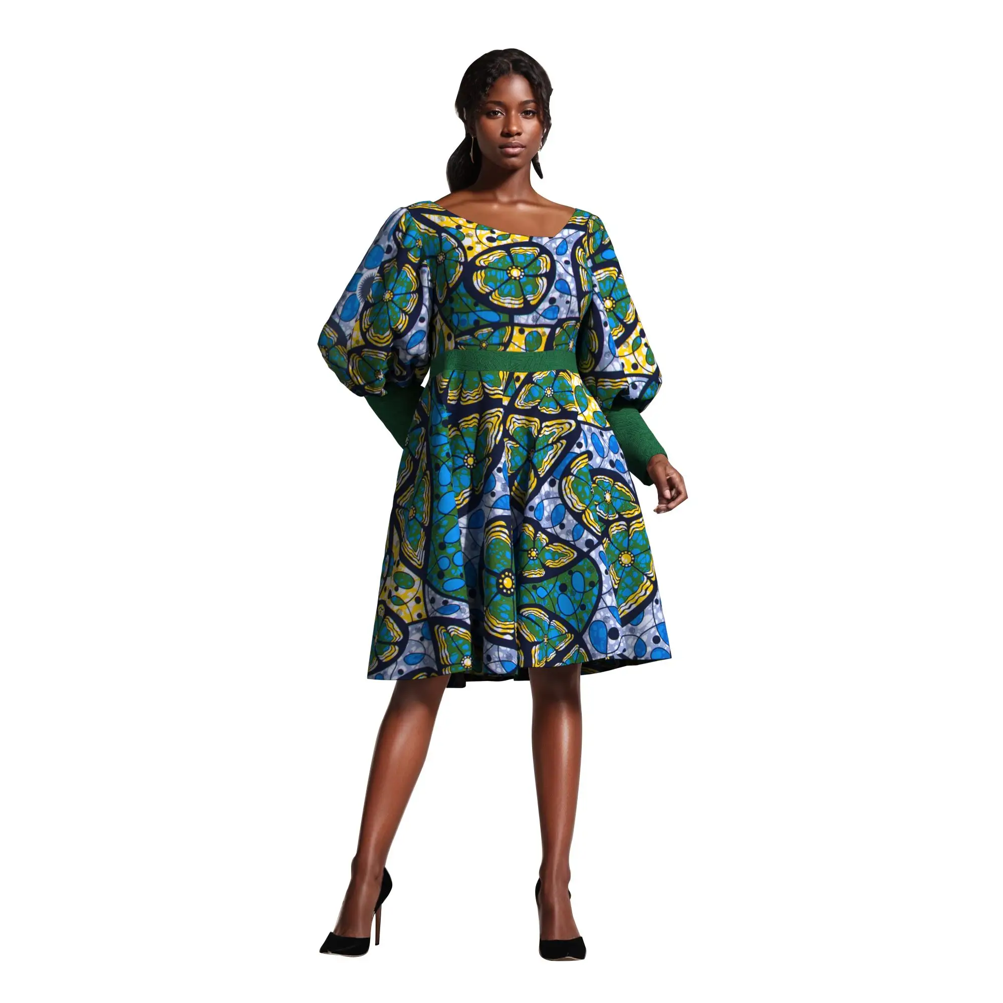 

ORIENTAR African Wax Print Dress for Women Batik A-Line Casual Day Dress Bubble Sleeve High Waist Knee-Length Daily Wear WY11043