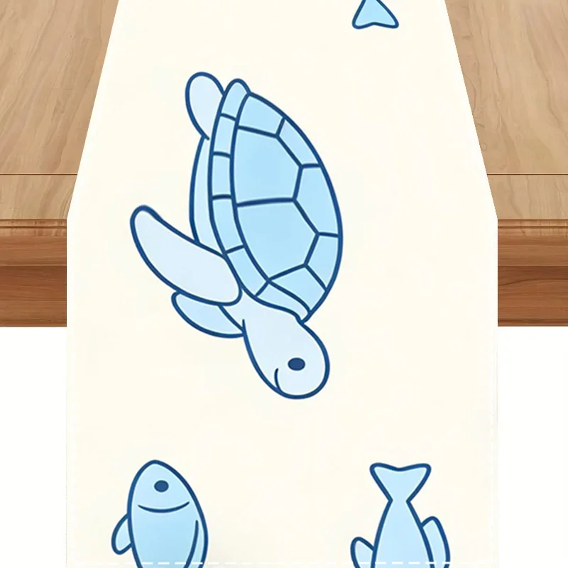 1 Piece of Table Runner with Blue Background and Marine Life Print, Suitable for Farmhouse, Indoor, Kitchen, Celebrations, Table Decoration, Restaurant, and Banquet Decoration Supplies