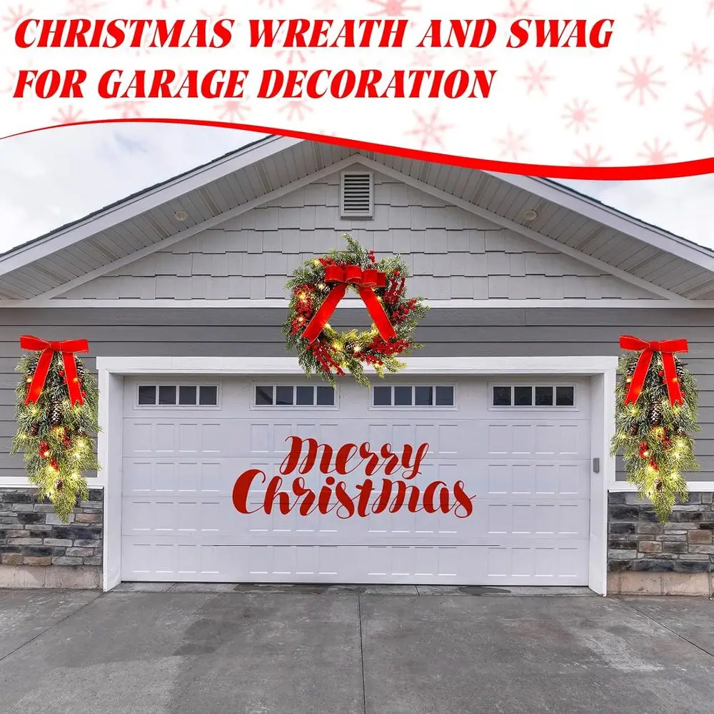 مجموعة 24 إكليل عيد الميلاد الاصطناعي المضاء مسبقًا مع الصنوبر والسرو والأقواس والتوت لديكور العطلة الخارجية #4