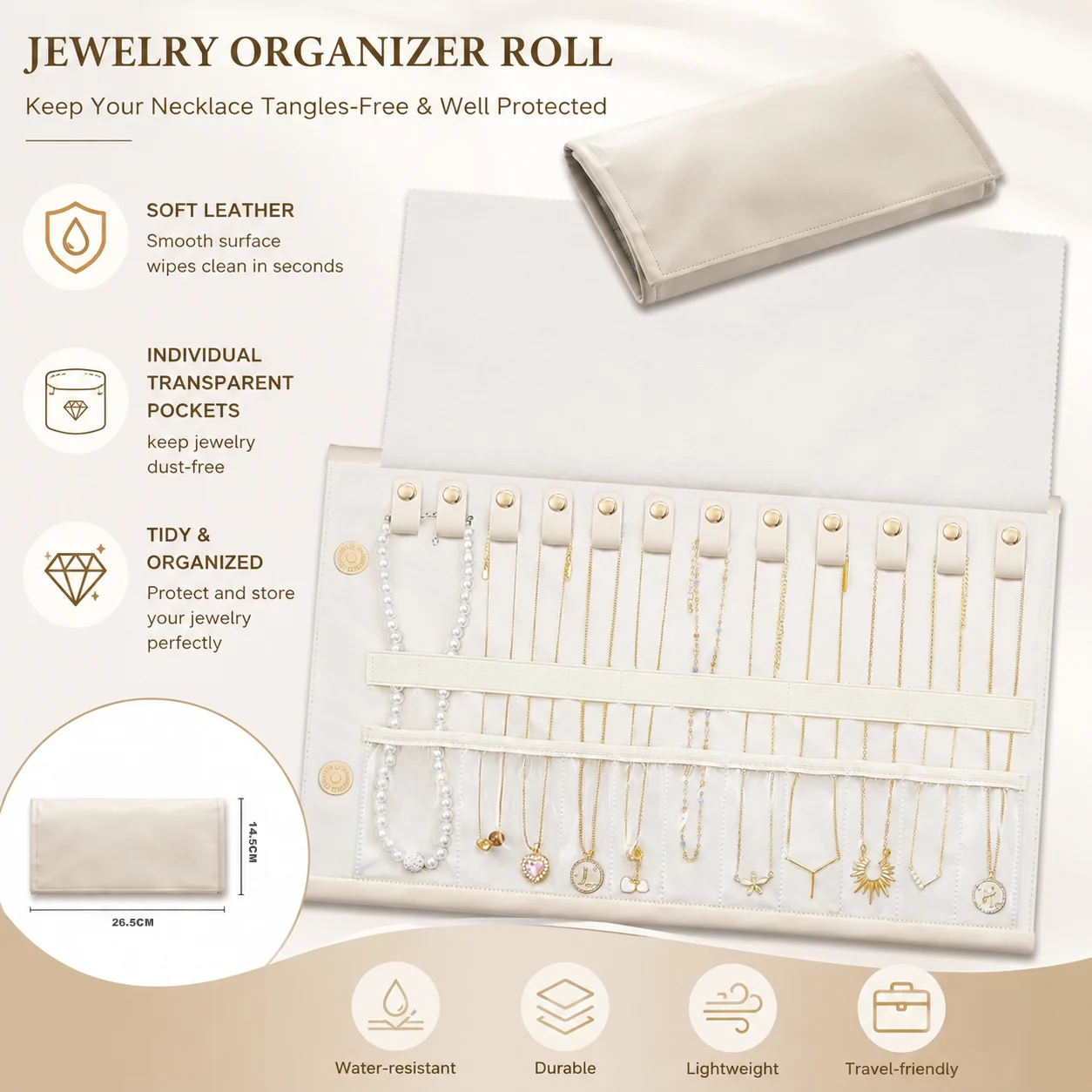 

Travel Anti-Tangle Necklace Organizer Roll, Leather Foldable Rollable Jewelry Storage Bag, Transparent Pockets, Lightweight