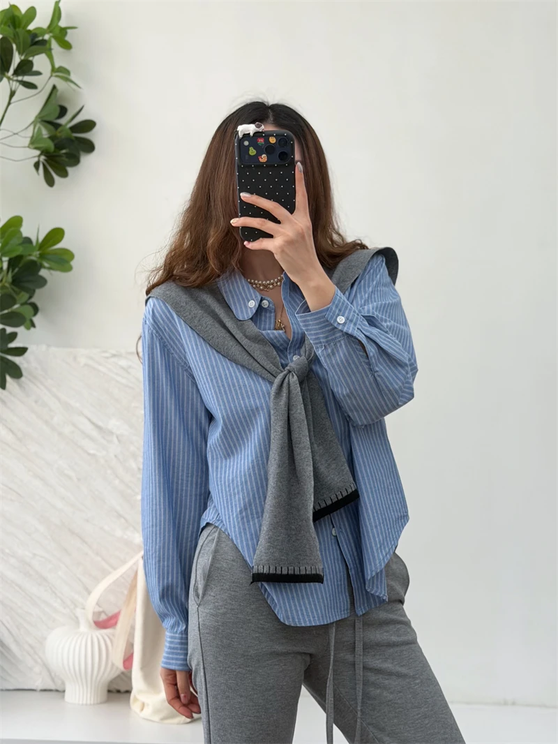 

Свободная синяя полосатая рубашка из хлопка и льна для женщин, весенне-летний комплект из двух предметов: рубашка с длинным рукавом и шарф, комфортный и дышащий