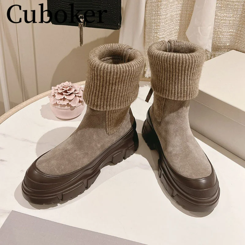 Autumn Winter Elastic Boots Knitting folding Mid Length Boots Round Toe Thick High Boots Women Long Boots Celebrity Brand boots