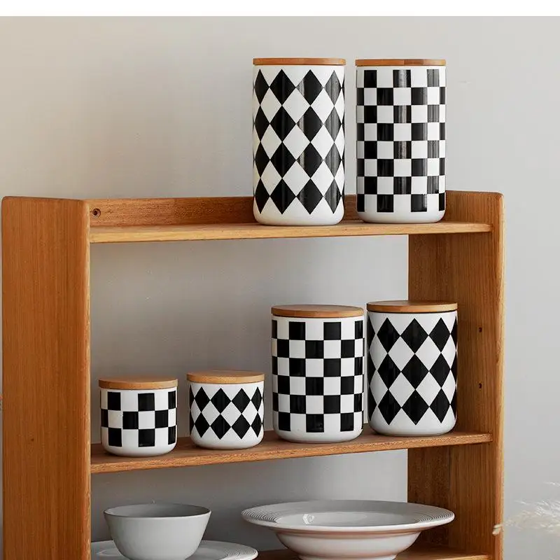 Black and White Checkerboard Sealed Jar Wooden Lid Ceramic Storage Candy Tea Seal Box Cereal Dispenser Kitchen Items