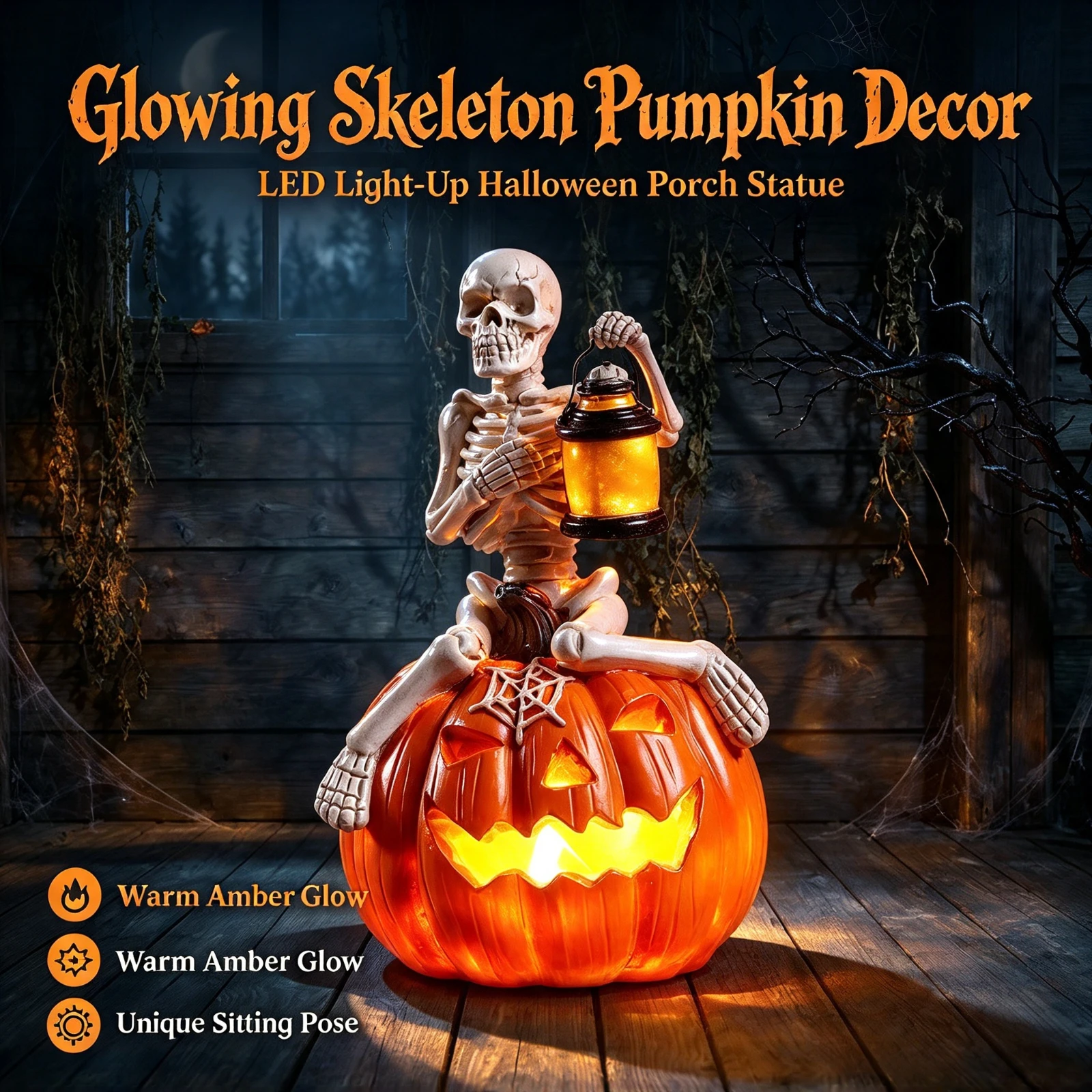 LED Illuminated Skeleton Pumpkin Halloween, Decoration Fake Skull Sitting On, Glowing Jack O Lantern Porch, Yard Party Prop Gift