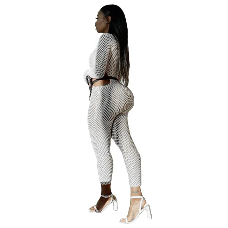 Fashion Jumpsuit Womens Fall Clothes Long Sleeve O-neck New Sexy Waist Cut Out Mesh Jumpsuit For Women Bodycon Clubwear