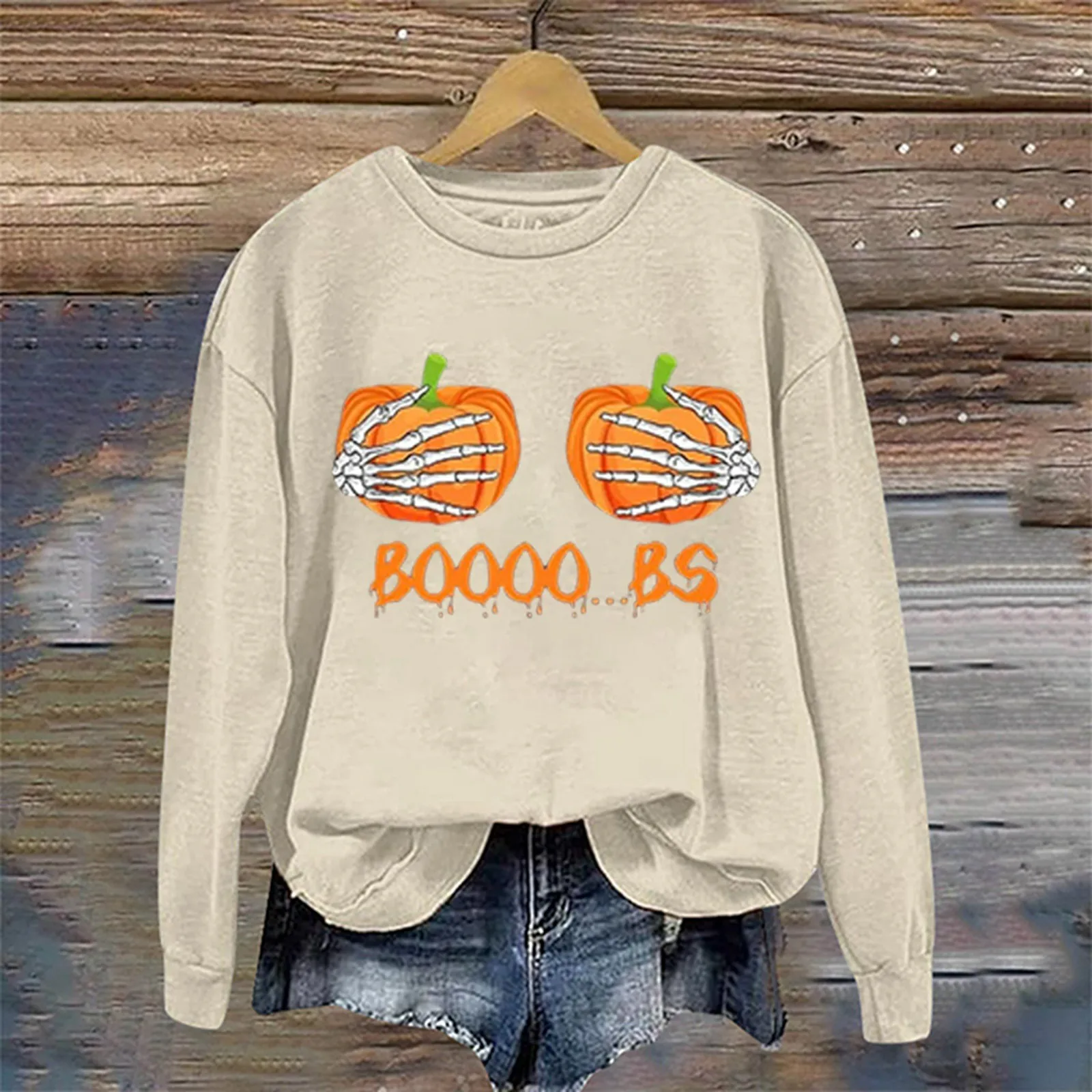 BOOOO BS Fun Pumpkin Skull Gesture Printed Ladies Fashion Hoodie Crew-Neck Long-Sleeved Loose Casual Hoodie Sweatshirt