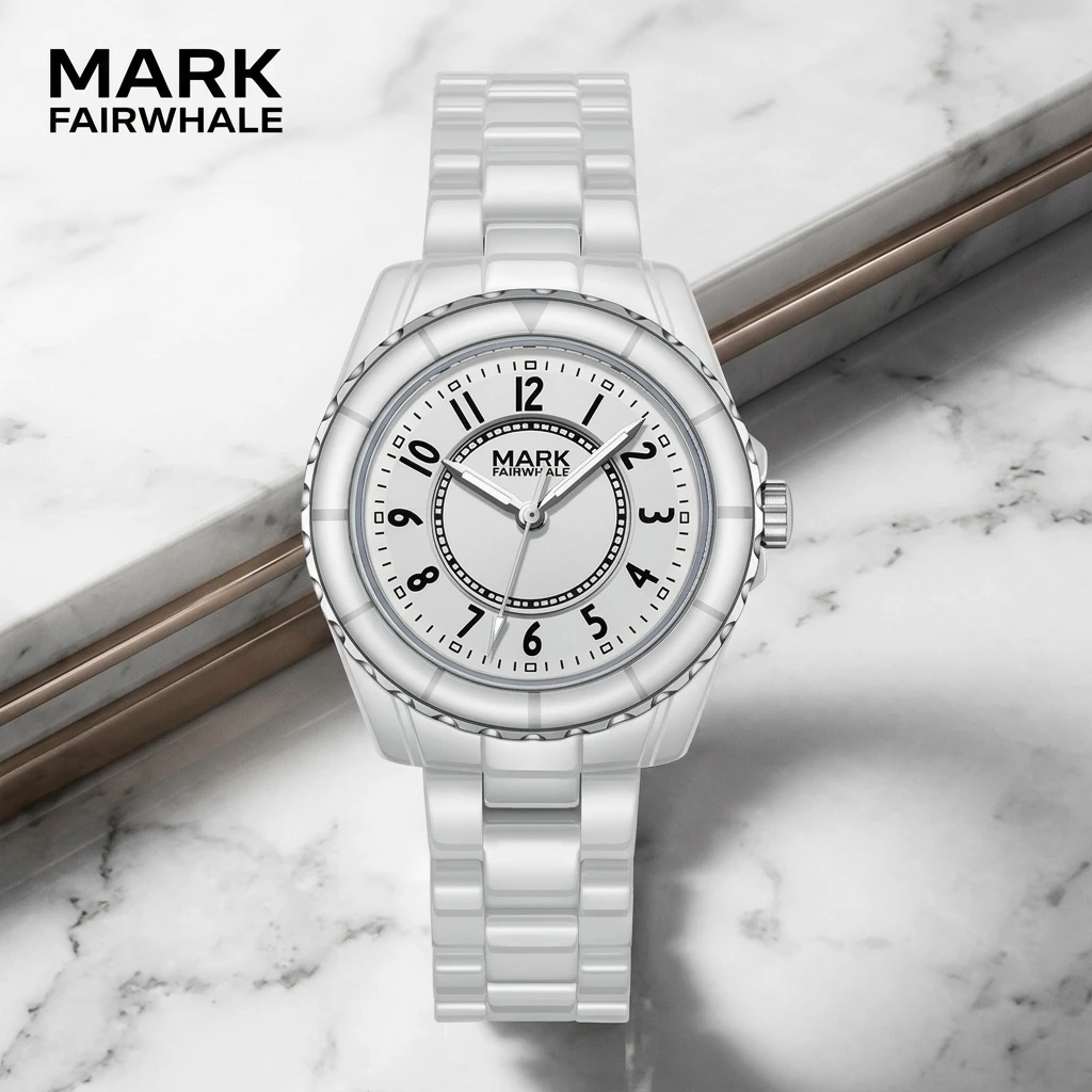 Mark Fairwhale Ladies Wrist Watch Quartz Movement Round Arabic Number Dial Solid Ceramic Link Band for Women