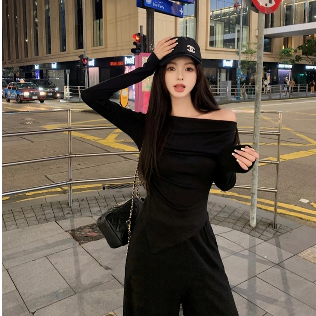Early Spring Casual Long Sleeve Shoulder Slope Set Small Size Wide Leg Pants Two Piece Set Youthful Style Polyester Fabric