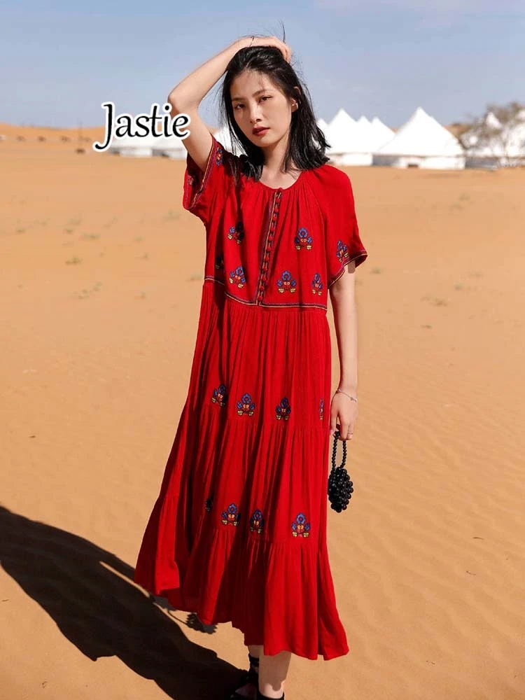 Jastie Summer New Retro Cotton And Linen Dress Women Long Knee-length Embroidery Big Swing Dresses Red Loose Short Sleeve Dress