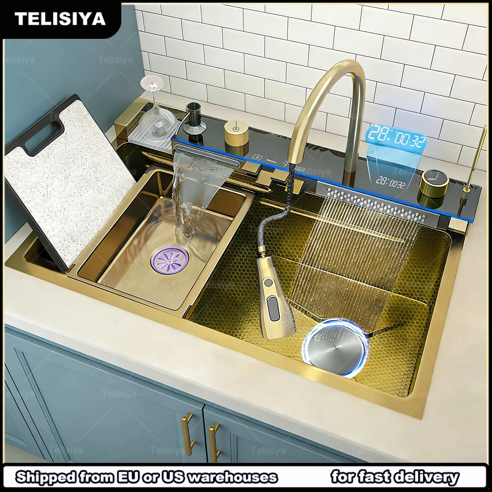 Various Multifunctional Sinks Stainless Steel Kitchen Sink Digital Display Waterfall  Large Single Slot  Wash Vegetable Basin