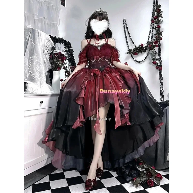 

Dark bride red flower wedding dress cos lolita dress suit Lolita heavy industry Trail puffy princess dress, Lolita cosplay