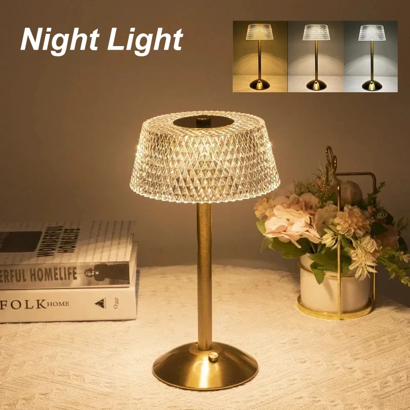 New LED Cordless Table Lamp USB Rechargeable Night Light Touch Dimming Desk Lamp Bedroom Decor Atmosphere Crystal Table Lamps