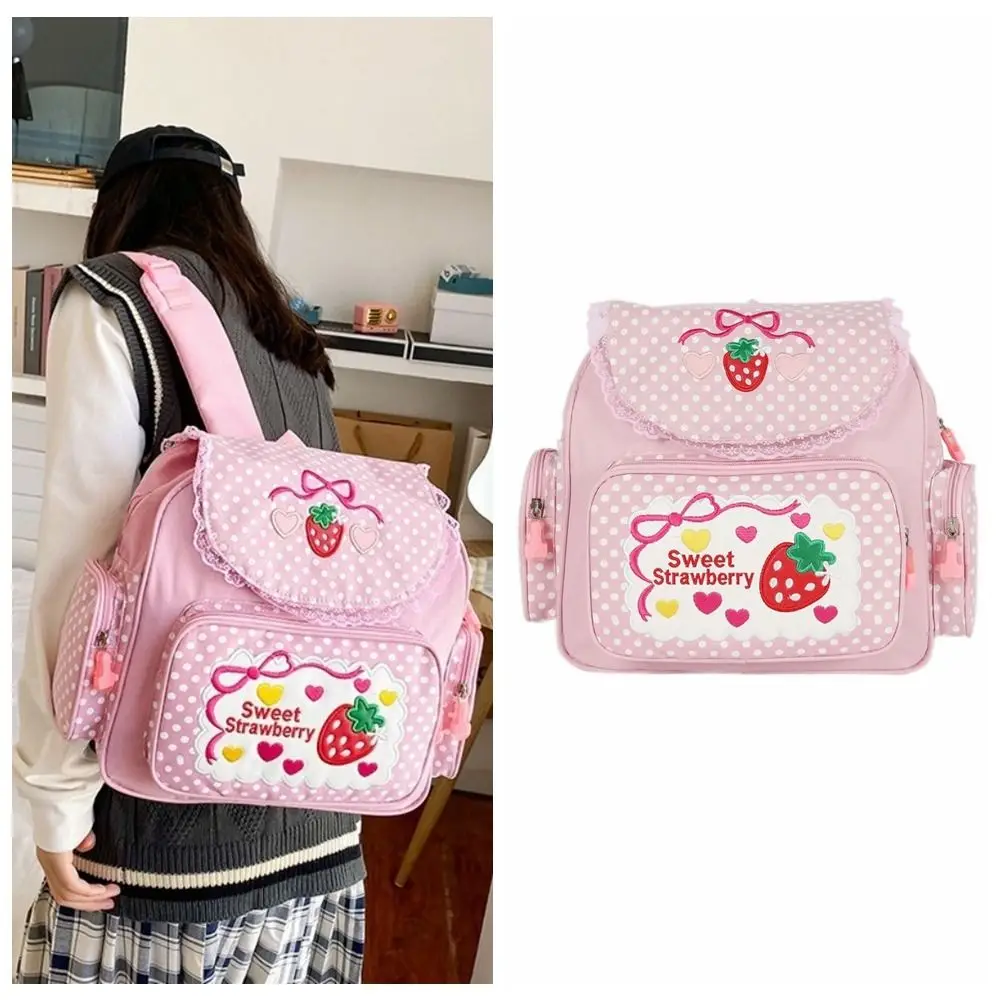 Kawaii Cartoon Strawberry School Bag Embroidery Mochila Dots Girl Backpack Bow Fruit Student Rucksack Women