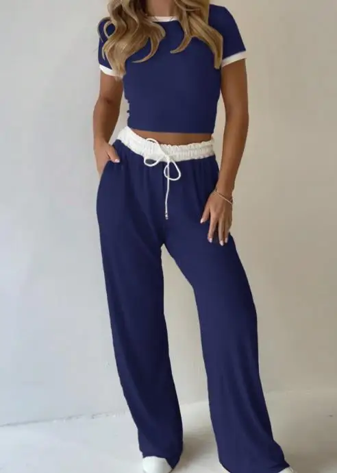 Summer New Casual 2-Piece Set with Contrasting Color Splicing Round Neck Crop Top T-Shirt and Lace Up Straight Leg Pants Set