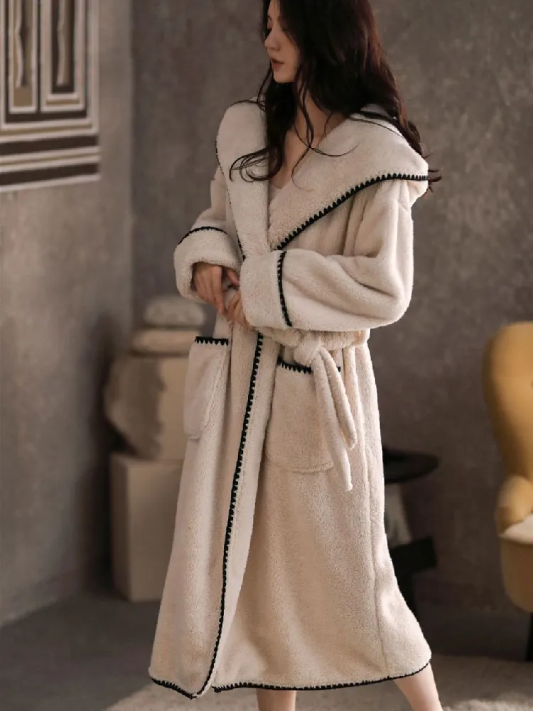 Korean style Women New Winter Nightgown Thicken Warm Flannel Robes Long Sleeve Hooded Sweet Cute Nightwear Femme Homewear