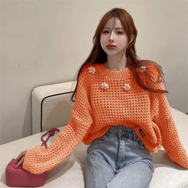 2022 spring autumn women's sweet floral Sweater korean lady graceful simple joker Knit tops casual loose orange pullover female