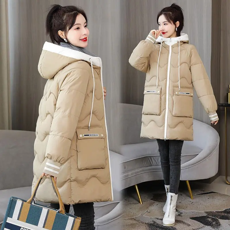 New 2023 Down Cotton Coat Women Mid Length Loose Large Hooded Coat Casual Down Warm Cotton  Thickened Coat Down Cotton Jacket