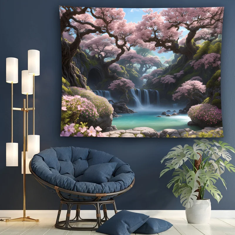 VIKAMA Dreamy Cherry Blossom Waterfall Tapestry Japanese Healing Wonderland Wall Hanging Decor for Bedroom Homestay