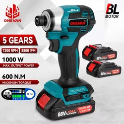 ONEVAN 600N.m Brushless Electric Screwdriver 5 Speed Cordless Electric Impact Drill Screw Driver for Makita 18v Battery