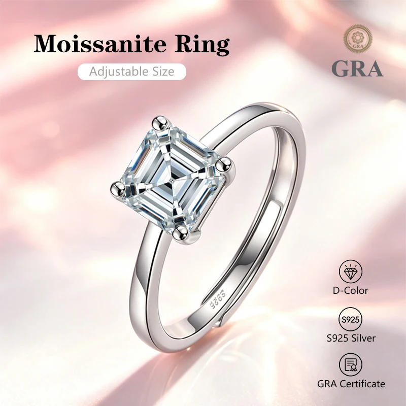 0.5-2.0 Carat Asscher Cut Moissanite Ring S925 Silver Luxury Wedding Party Banquet Gift for Women with GRA Certificate