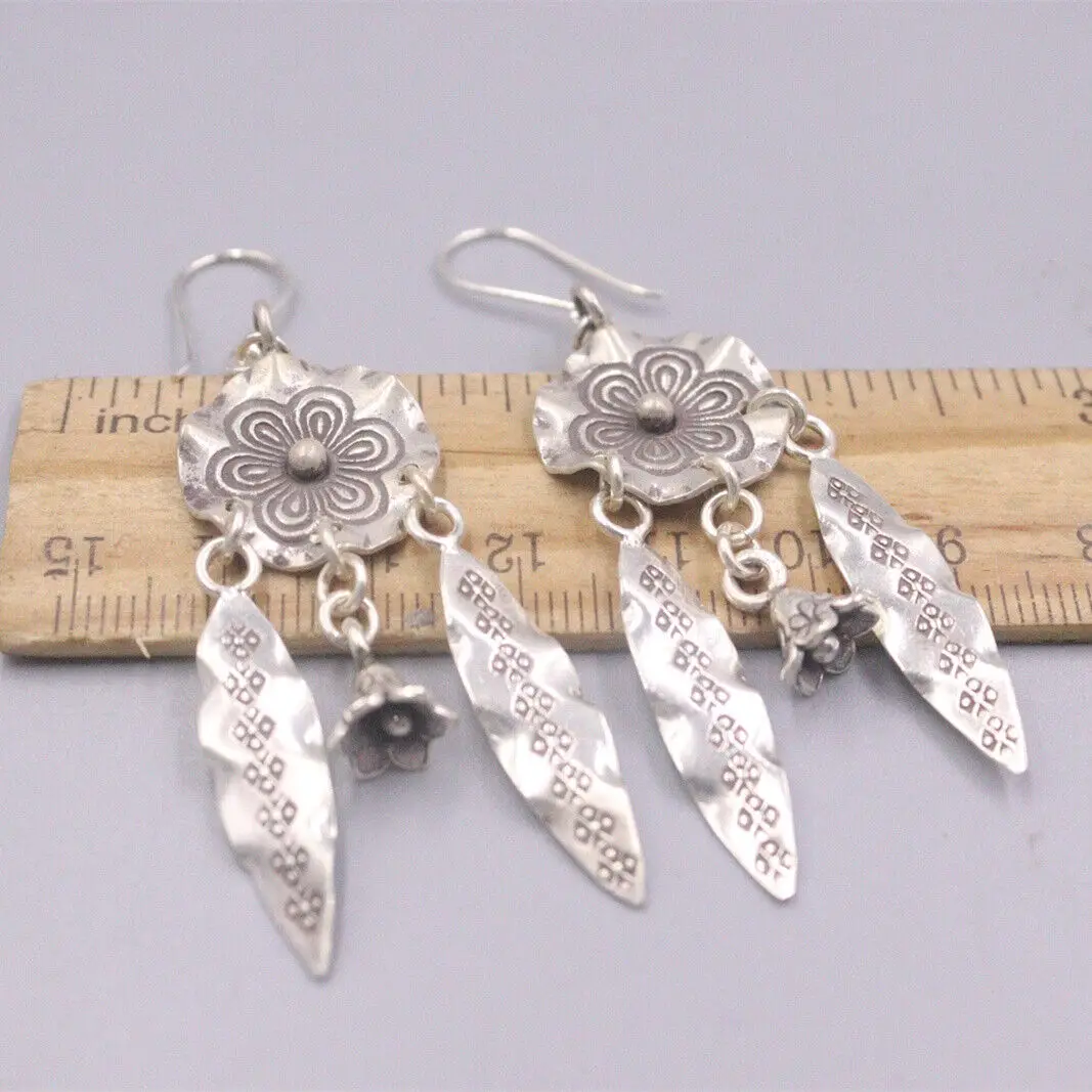 

Solid 925 Sterling Silver Dangle Earrings 67mm H Floral Charm