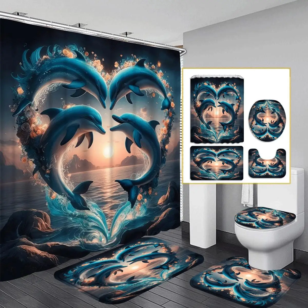 1/3/4Pcs Set of Dolphin Rose Shower Curtain Set, Waterproof Shower Curtain with 12 Hooks, Non-Slip Bathroom Rug, Toilet U-Shaped Mat, Toilet Seat Mat, Bathroom Decoration, Bathroom Shower Curtain Set