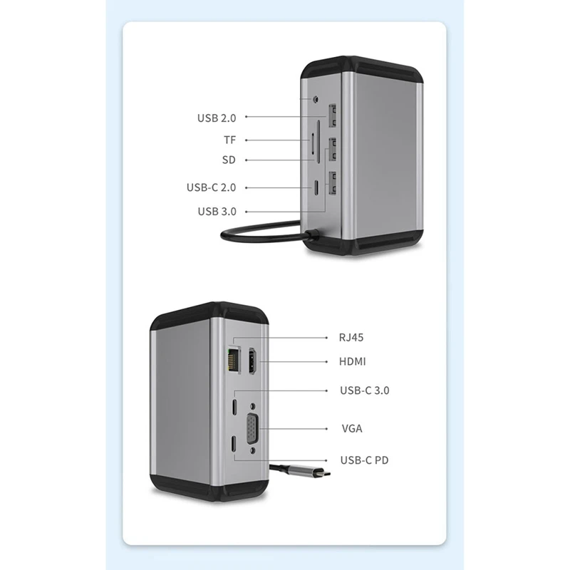 12 In 1 Vertical USB 3.0 4K -Compatible VGA TF Reader USB-C Splitter Type C HUB Ethernet Adapter Docking Station