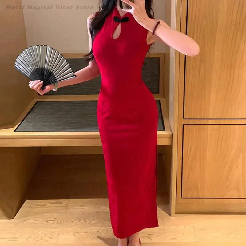 

Vintage Red Sexy Female Qipao Silm Split Cheongsam Chinese Classical Traditional Dress Retro Jacquard Vestidos Evening Gown