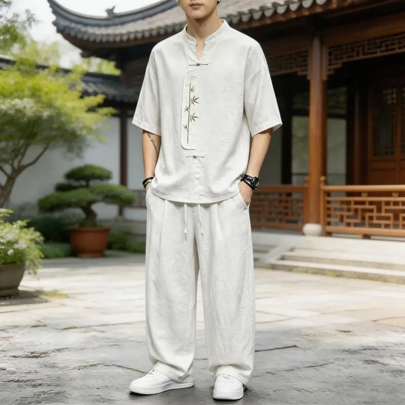 men's-chinese-style-retro-linen-2-pieces-set-bamboo-embroidery-mandarin-collar-short-sleeve-top-wide-leg-pants-breathable