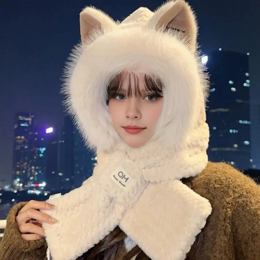 Winter Camping cap Winter Fleece Hat Scarf Set with Fox Ear Decor Windproof Outdoor for Women Weather for Travel